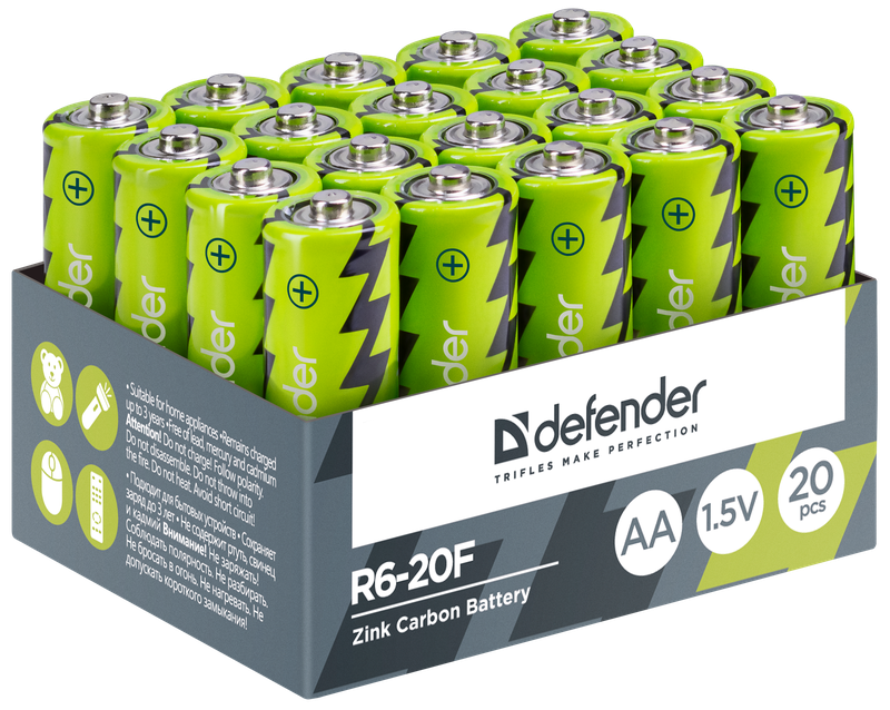 Батарейка Defender солевая R6-20F AA, (20шт в упаковке)