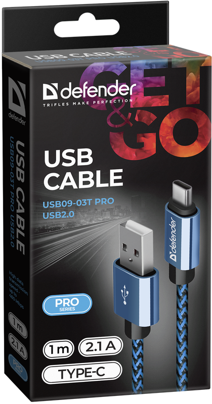 Кабель Type-C Defender USB09-03T PRO синий, 1м, 2.1A