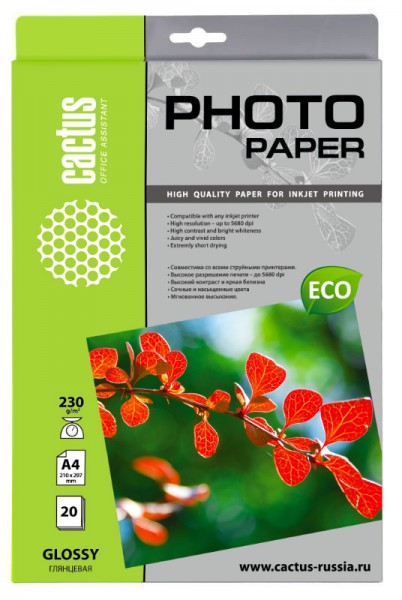 Фотобумага Cactus А4 Глянцевая 230г/м 20л (CS-GA423020E)