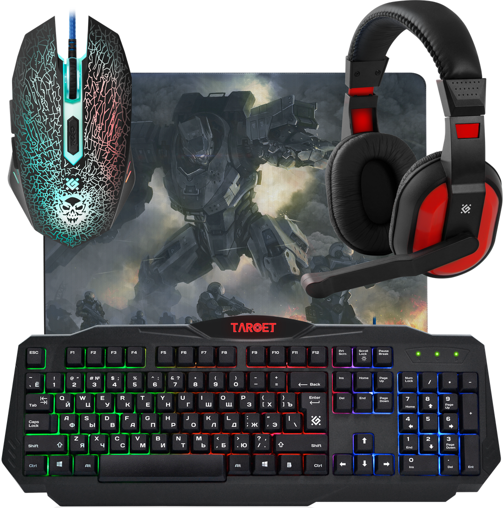 Проводной игровой набор клавиатура + мышь + коврик + гарнитура Defender Target MKP-350