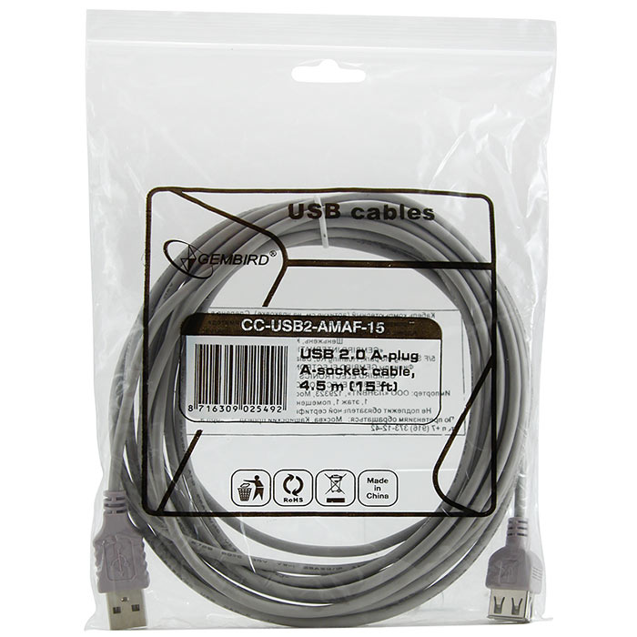 Кабель-удлинитель AM-AF, 4.5m, USB 2.0, Gembird CC-USB2-AMAF-15
