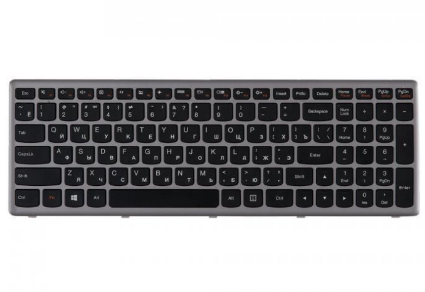 Клавиатура для ноутбука Lenovo IdeaPad P500, Z500, черные кнопки,серая (серебристая) рамка, гор. Ent