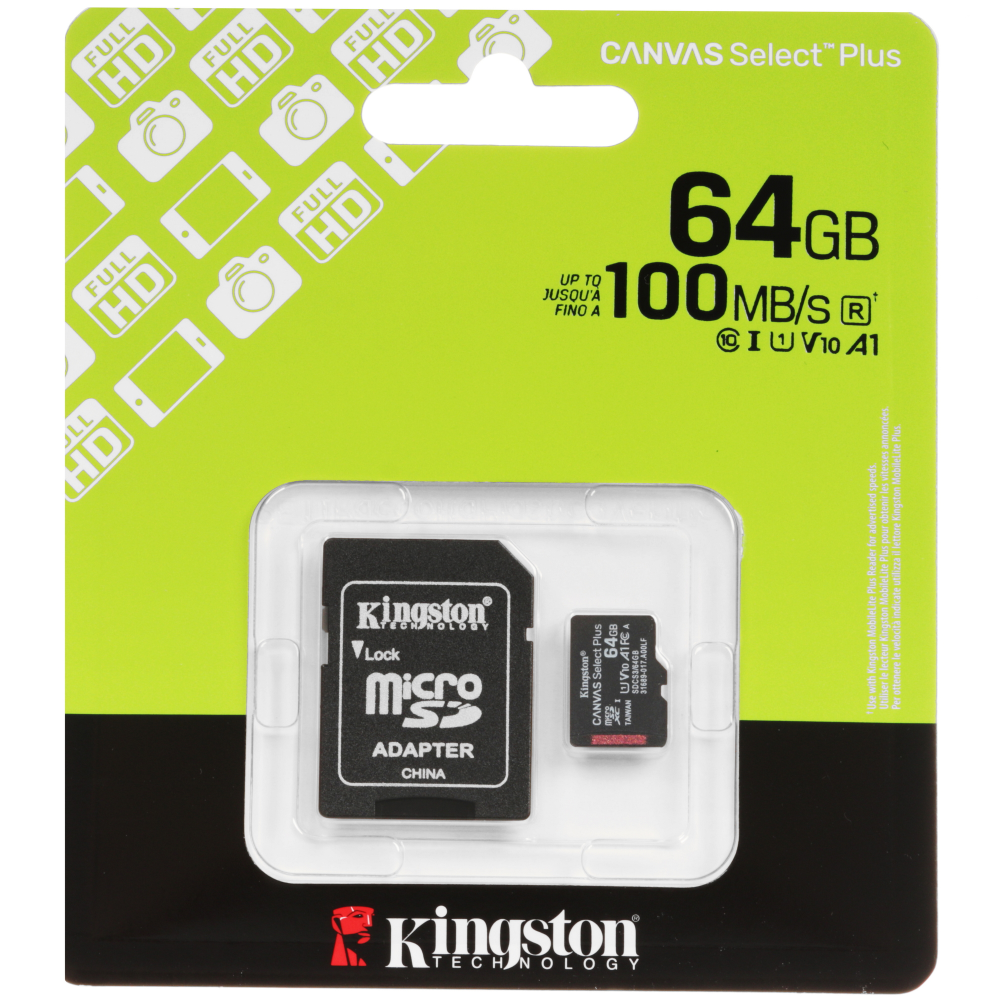 Карта памяти MicroSDXC UHS-I Card 64Gb Kingston Canvas Select Plus Class 10 SDCS3/64GB (с адаптером)