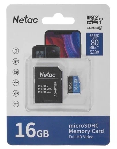 Карта памяти MicroSDHC UHS-I Card 16Gb Netac P500 (NT02P500STN-016G-R) (с адаптером)