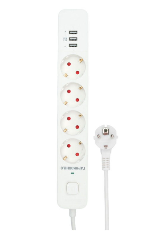 Сетевой фильтр Гарнизон Мультипорт EPS-4-U3-W-2, 2м, 4 розетки, 3xUSB 2.0, 10А, белый
