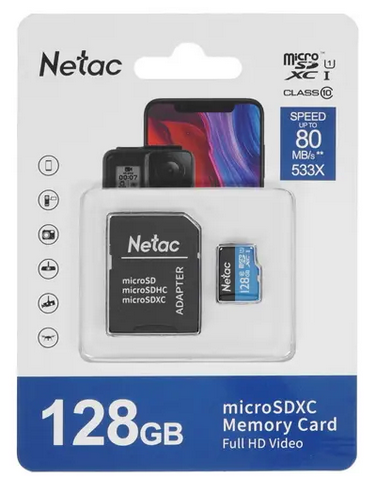 Карта памяти MicroSDXC UHS-I Card 128Gb Netac P500 (NT02P500STN-128G-R) (с адаптером)
