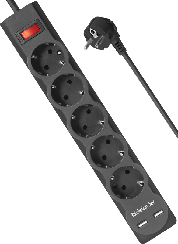 Сетевой фильтр Defender DFS 751, 1.8м, 2xUSB, 2.1A, 5 розеток
