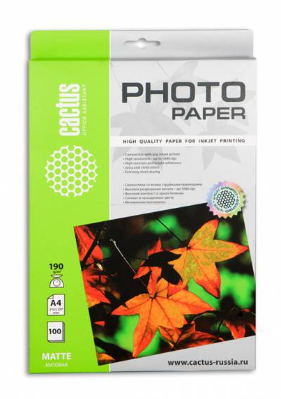 Фотобумага Cactus А4 Матовая 190г/м2 100л (CS-MA4190100)