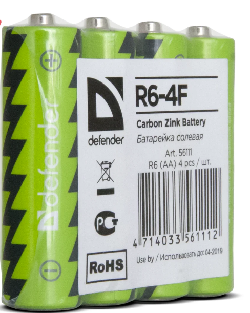 Батарейка Defender солевая R6-4F AA, (в пленке 4шт)